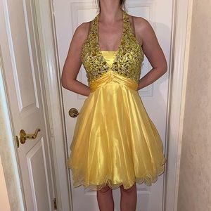 Yellow dress with beading.